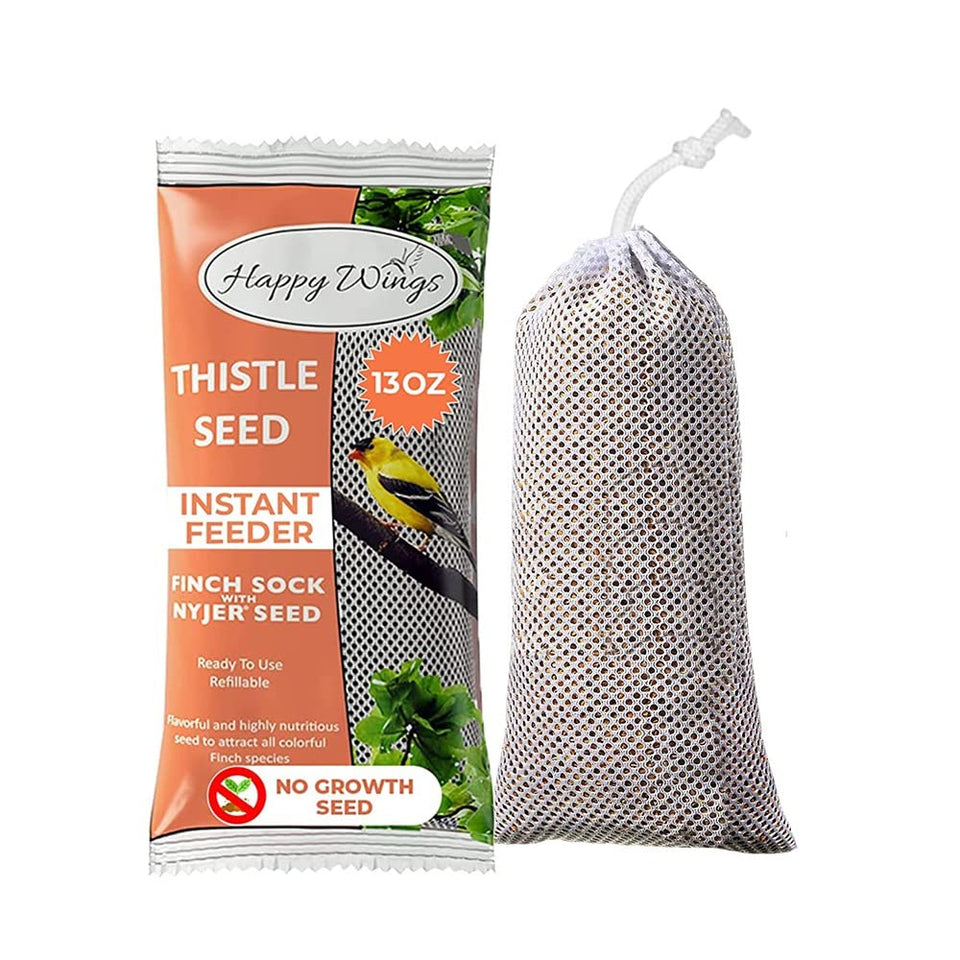 Happy Wings Nyjer seed sock hanging to attract finches.