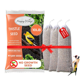 Happy Wings Nyjer seeds packaging for year-round backyard bird feeding.