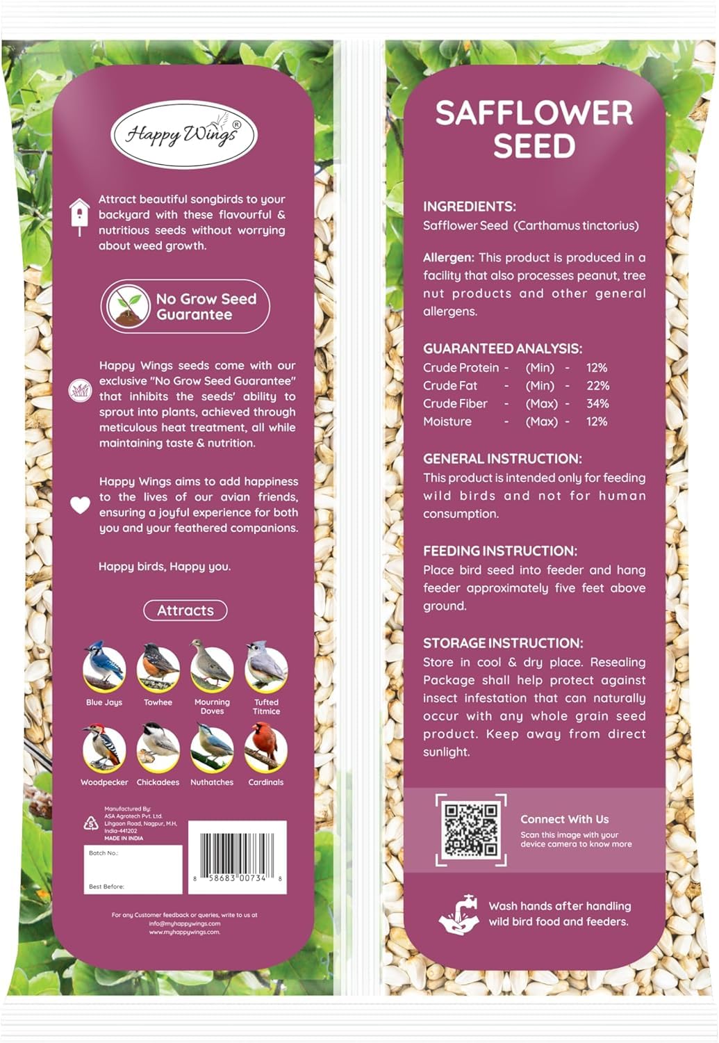 No-growth safflower seeds by Happy Wings in a clear bag for clean feeding.