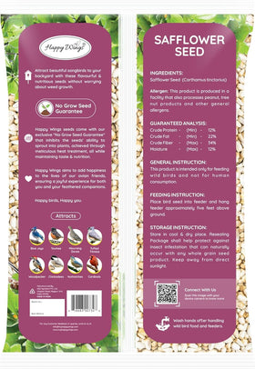 No-growth safflower seeds by Happy Wings in a clear bag for clean feeding.