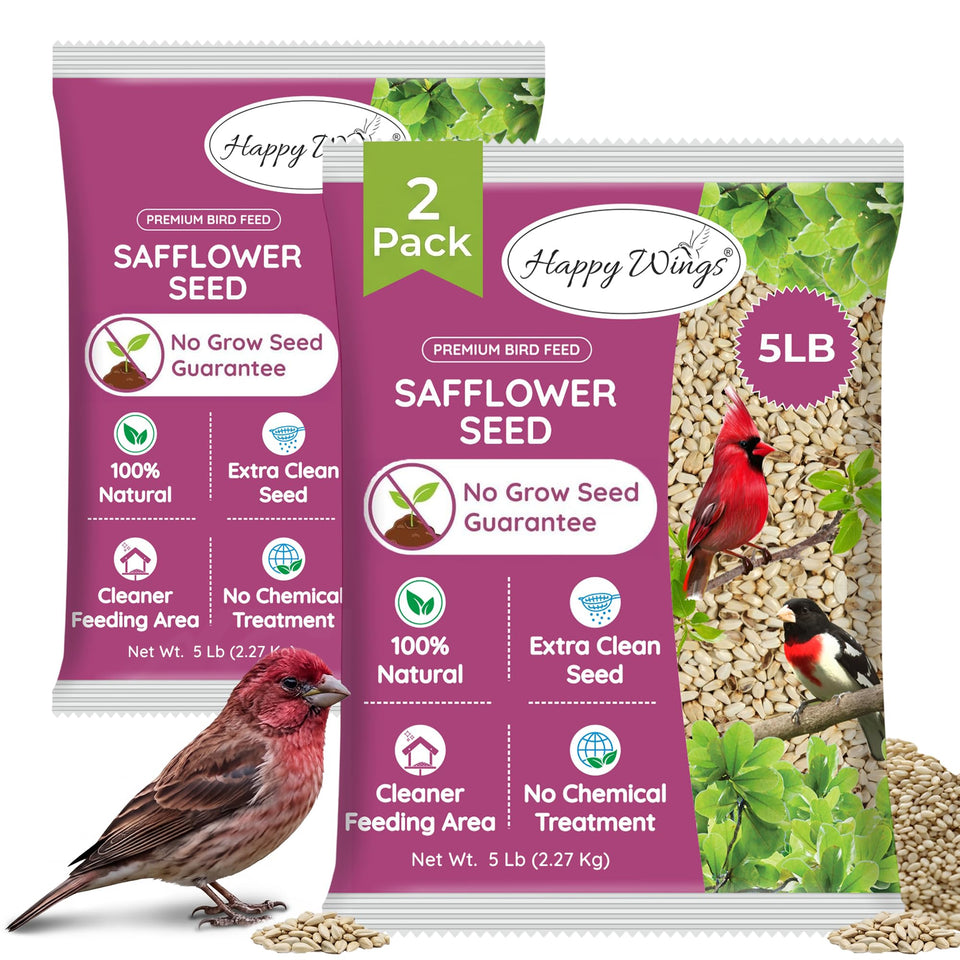 Happy Wings safflower seeds 2x5 lb pack ready for year-round backyard feeding.