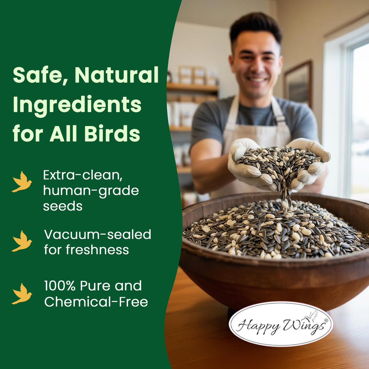 Happy Wings seed mix with sunflowers attracts songbirds at feeders.