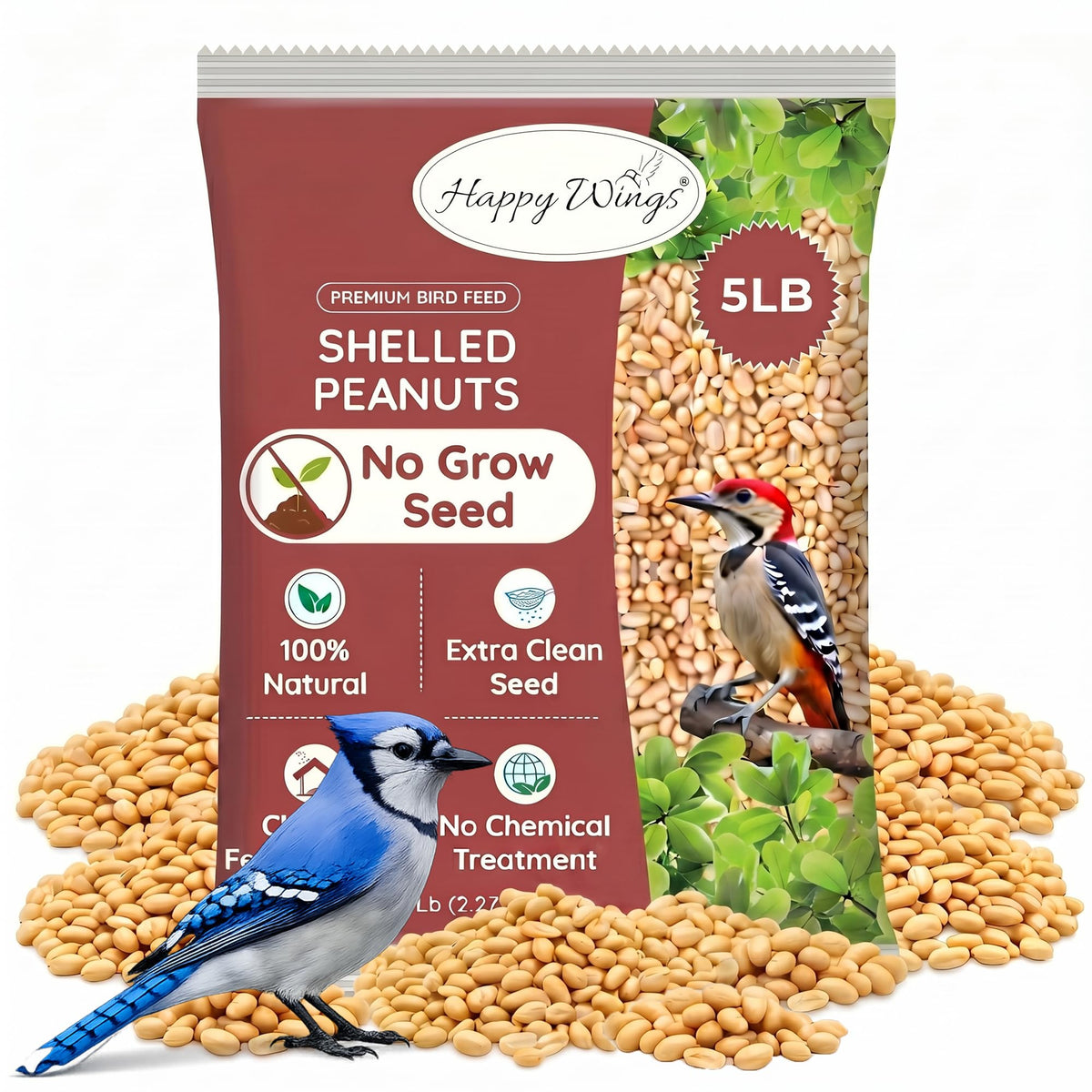 Happy Wings shelled peanuts bag view for easy yard feeding.