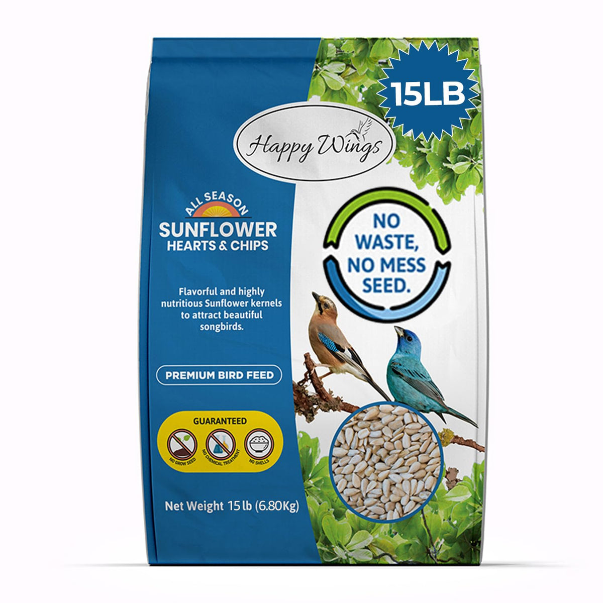 Happy Wings sunflower hearts chips bird food pack front showing no mess formula
