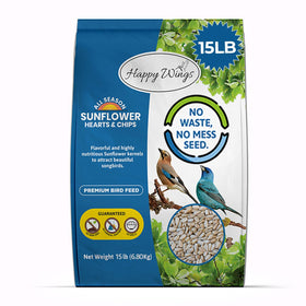 Happy Wings sunflower hearts chips bird food pack front showing no mess formula