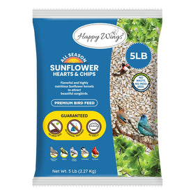 Happy Wings sunflower kernels in a feeder attracting colorful finches
