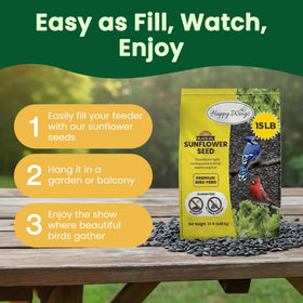 Happy Wings sunflower seeds as a bird rests on the feeder
