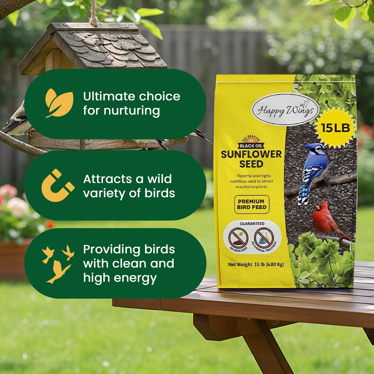 Happy Wings sunflower seeds in feeder setup ready to attract birds