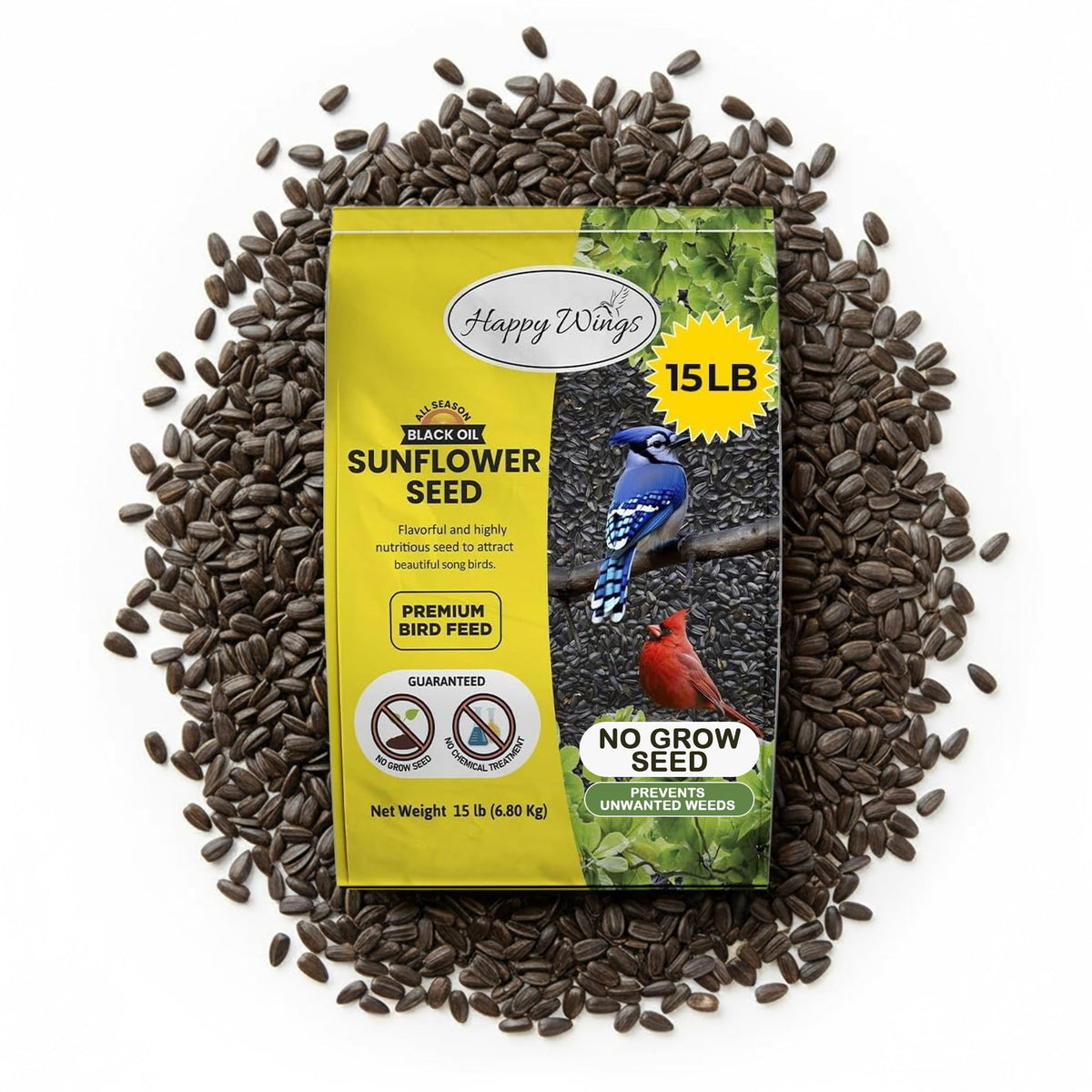 Happy Wings sunflower seeds pour into a feeder for year-round bird enjoyment