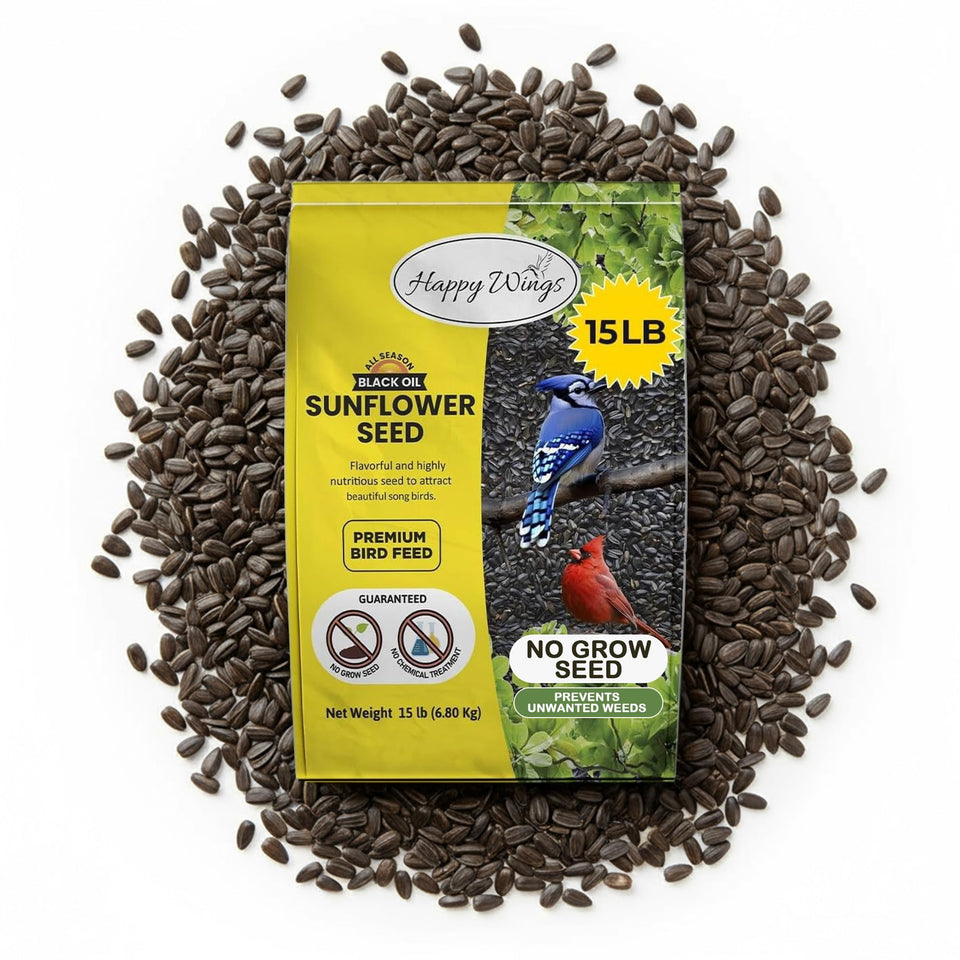 Happy Wings sunflower seeds pour into a feeder for year-round bird enjoyment