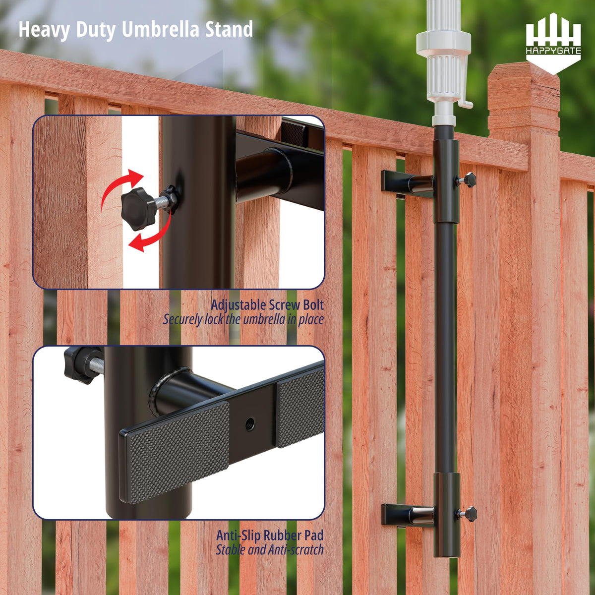 HAPPYGATE adjustable clamp accommodates 3/4 and 1-3/4 inch poles.
