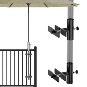 HAPPYGATE rail-clamp umbrella stand securely attached to a deck railing.