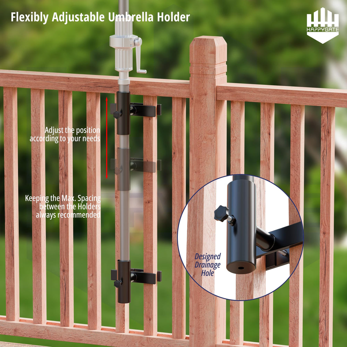 HAPPYGATE rubber pads protect railing surfaces from scratches.