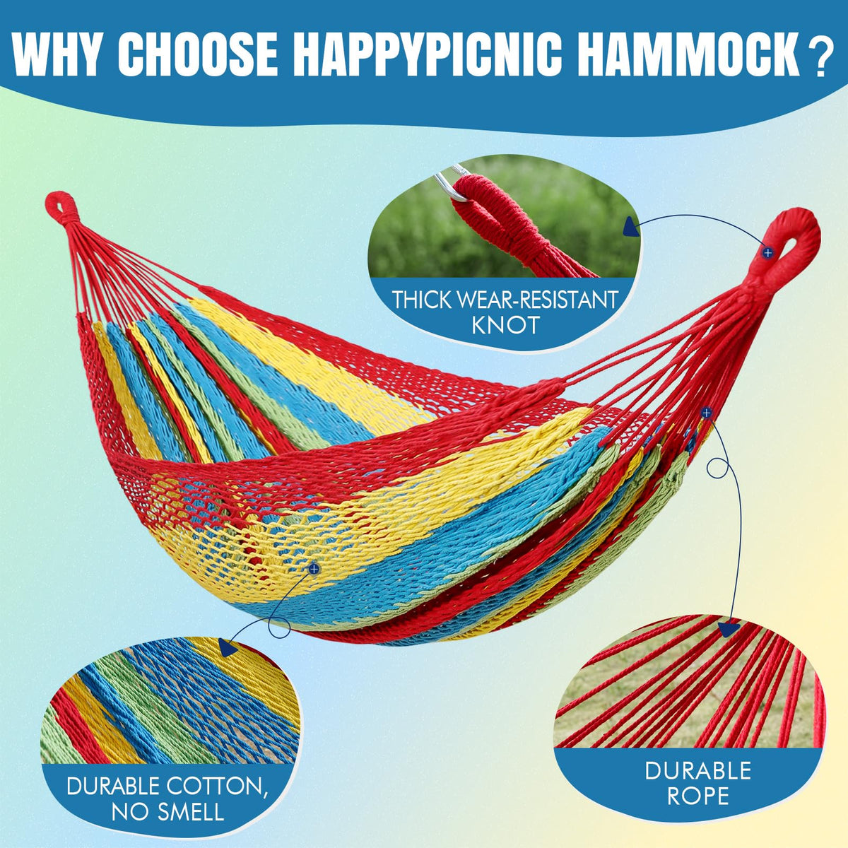 HappyPicnic indoor-outdoor hammock suitable for porch, yard, or campsite.