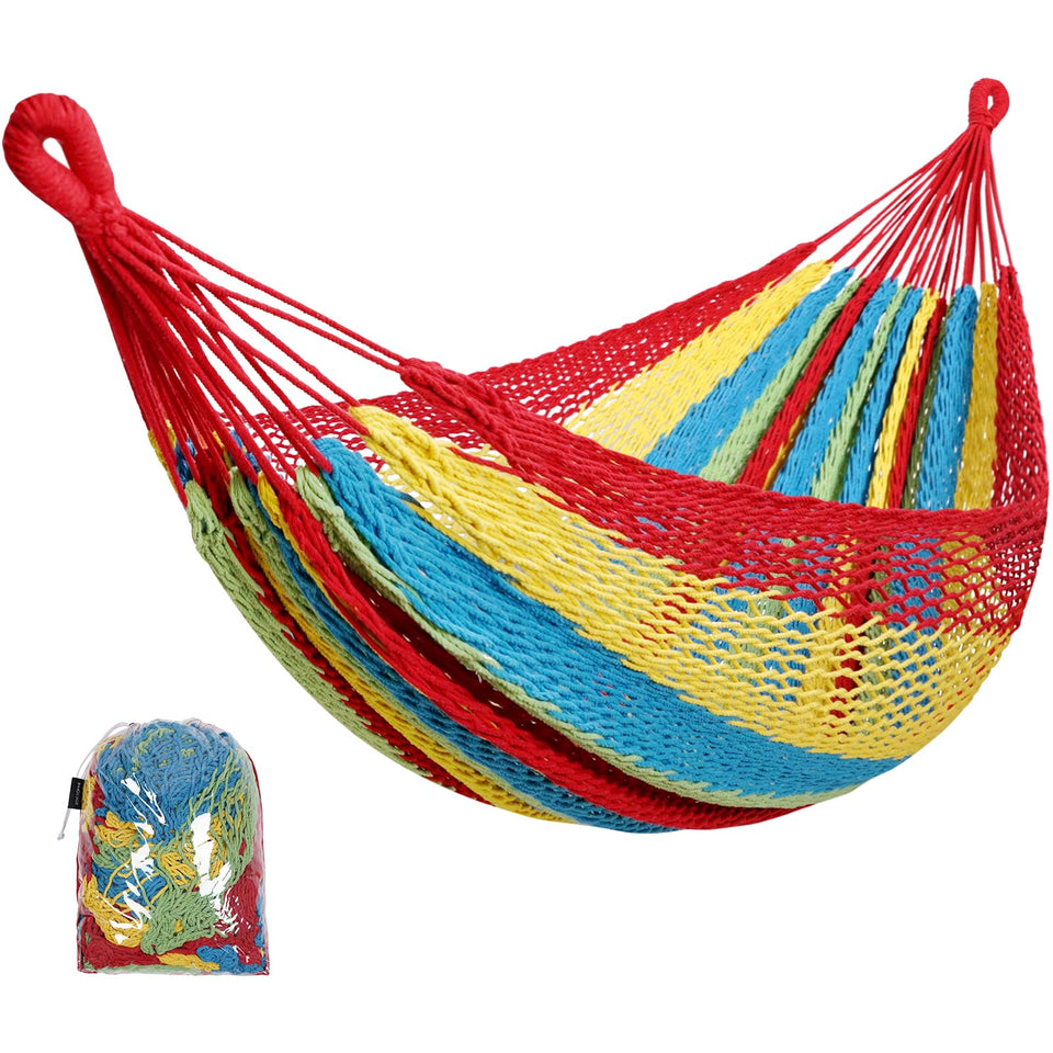 HappyPicnic handwoven Mayan hammock in multi-color stripes for relaxed outdoor lounging.