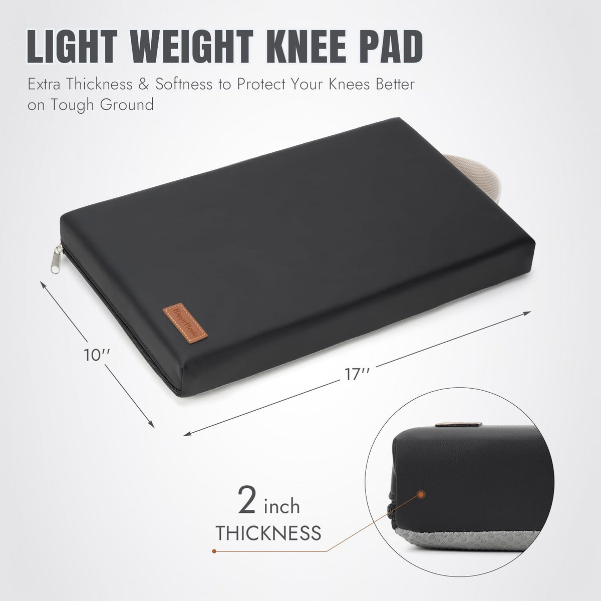 HappyPicnic kneeling pad shows dimensions 17x10 inches for ample working space