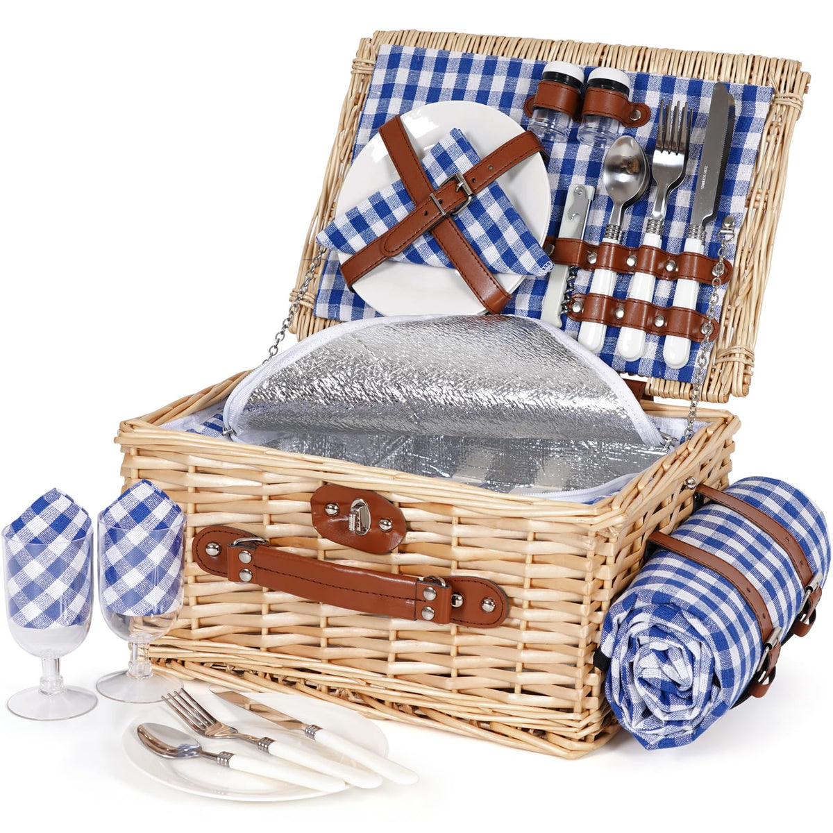 HappyPicnic picnic-basket-blue durable handmade willow basket for two picnics.