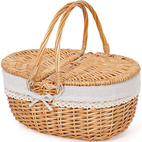 HappyPicnic wicker basket front view, vintage charm for outdoor picnics