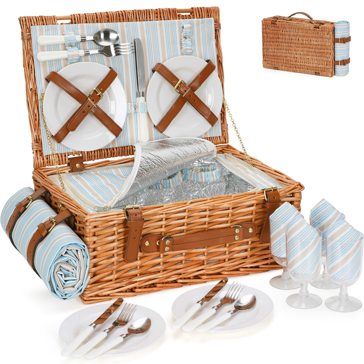 HappyPicnic wicker basket setup for four, ideal for easy family picnics outdoors