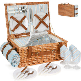 HappyPicnic wicker basket setup for four, ideal for easy family picnics outdoors