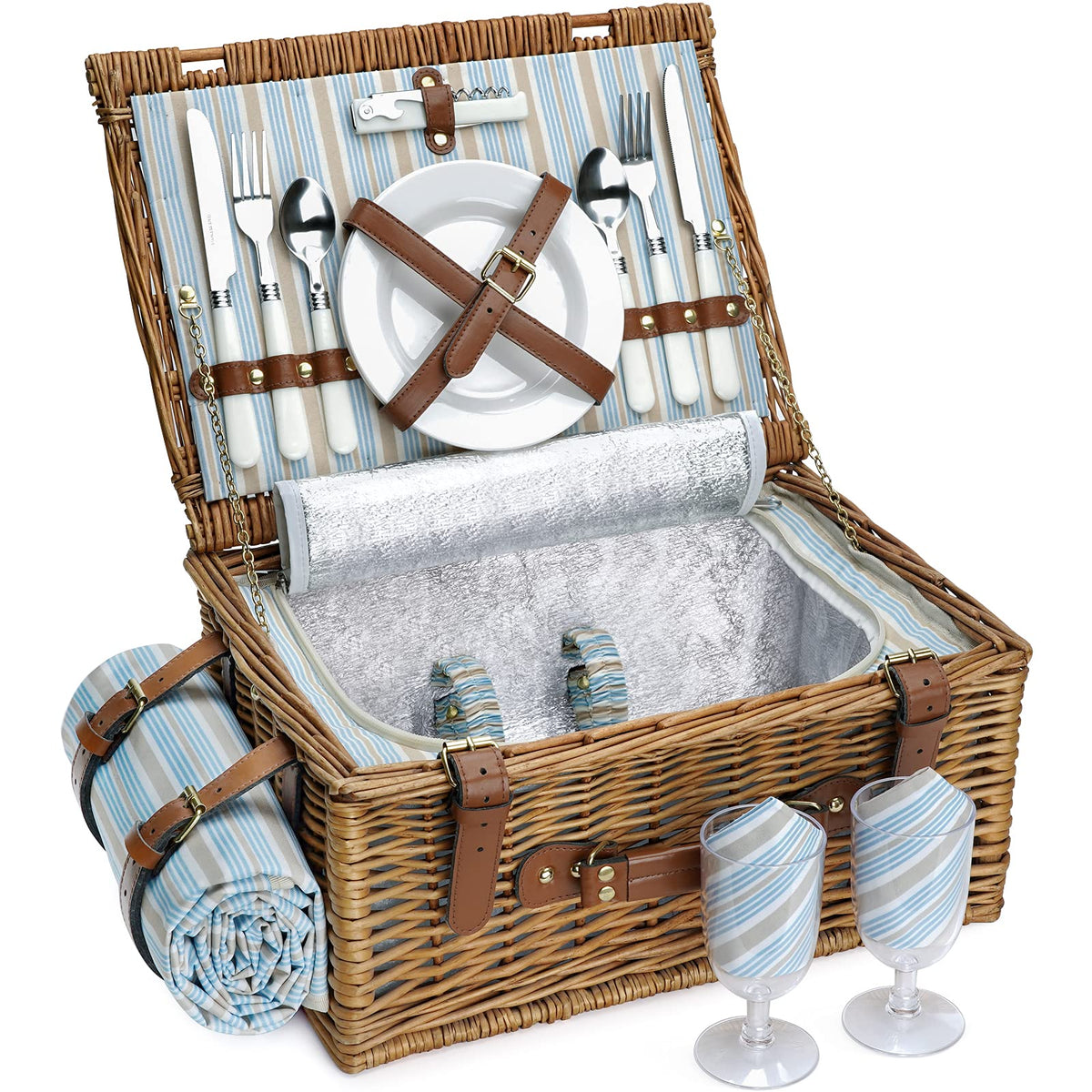 HappyPicnic willow hamper front view highlights durable craftsmanship for two-person outings.