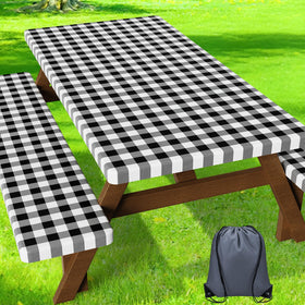 HappyTrends fitted picnic table cover in black checkered pattern protects 6ft tables.