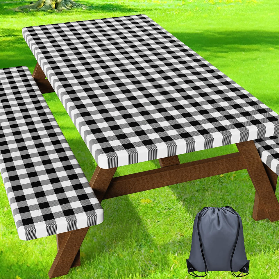 HappyTrends fitted picnic table cover in black checkered pattern protects 6ft tables.