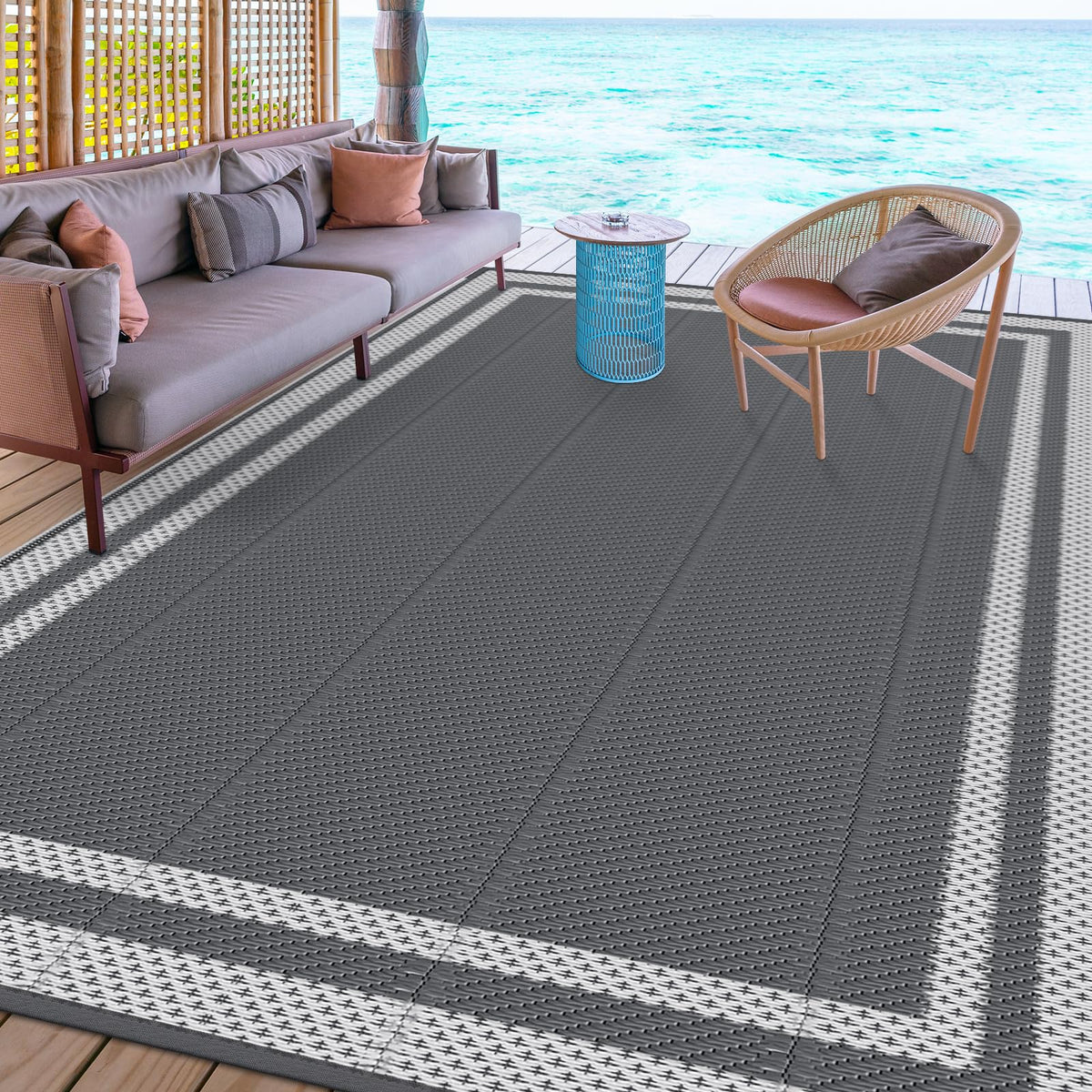 HappyTrends outdoor rug cleans with a wipe or hose-off for easy maintenance.