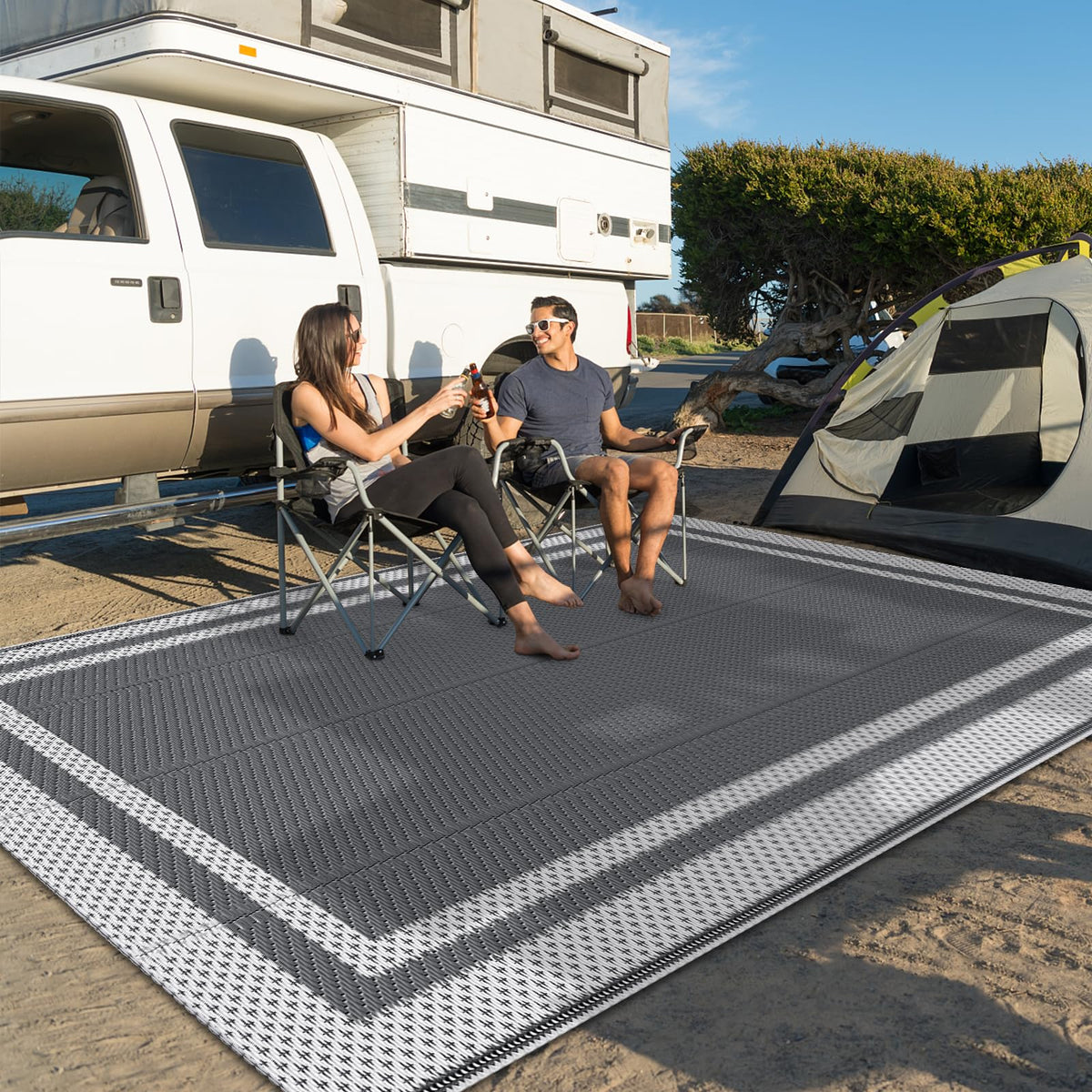 HappyTrends outdoor rug reversible design offers two looks for gatherings.