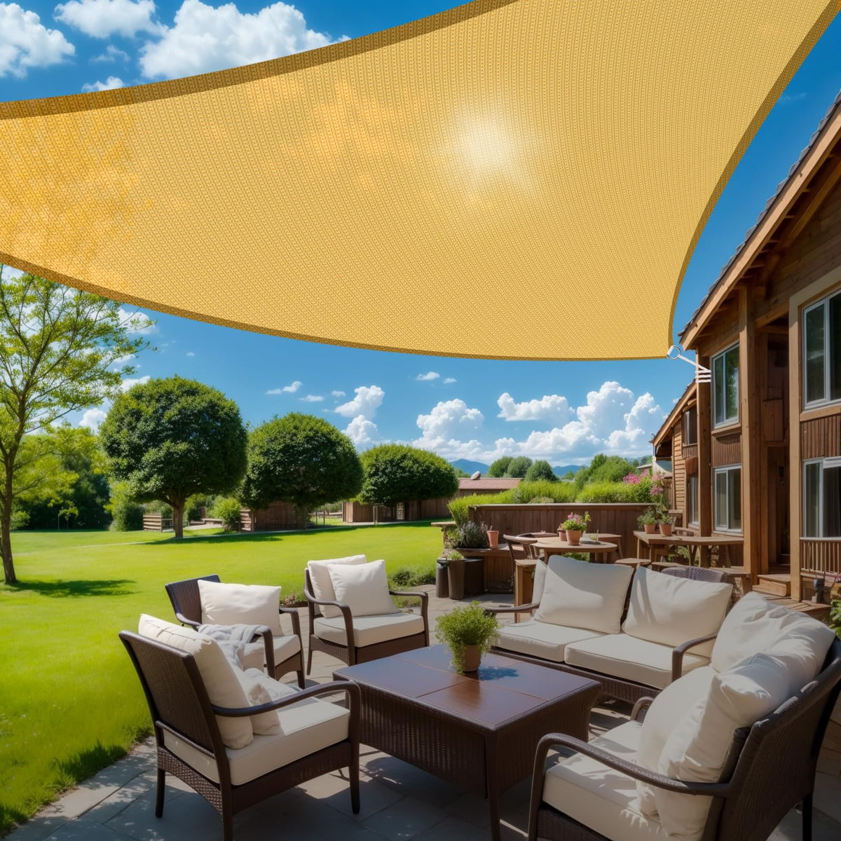 HappyTrends sun shade triangle with corner D-rings for quick setup.