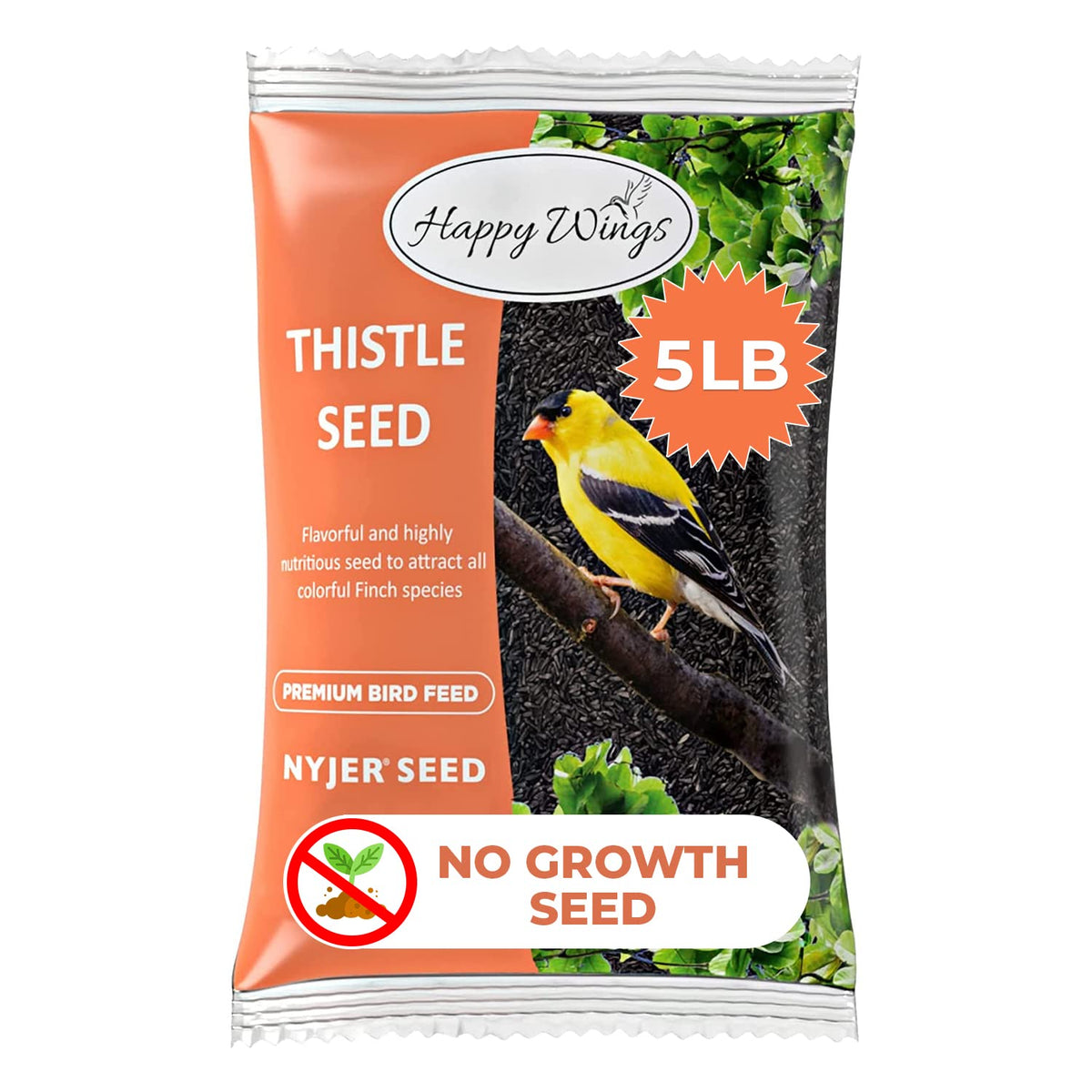 Happy Wings Nyjer seeds bag back reveals no-grow benefits and storage.