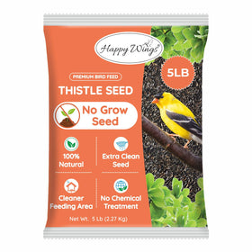 Happy Wings Nyjer seeds bag front view with no-grow formula for clean feeding.