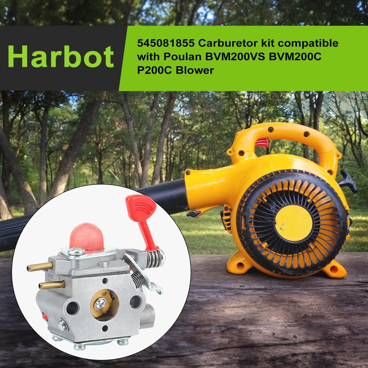 Harbot BVM200VS carburetor top view highlighting precise calibration for easy startups.