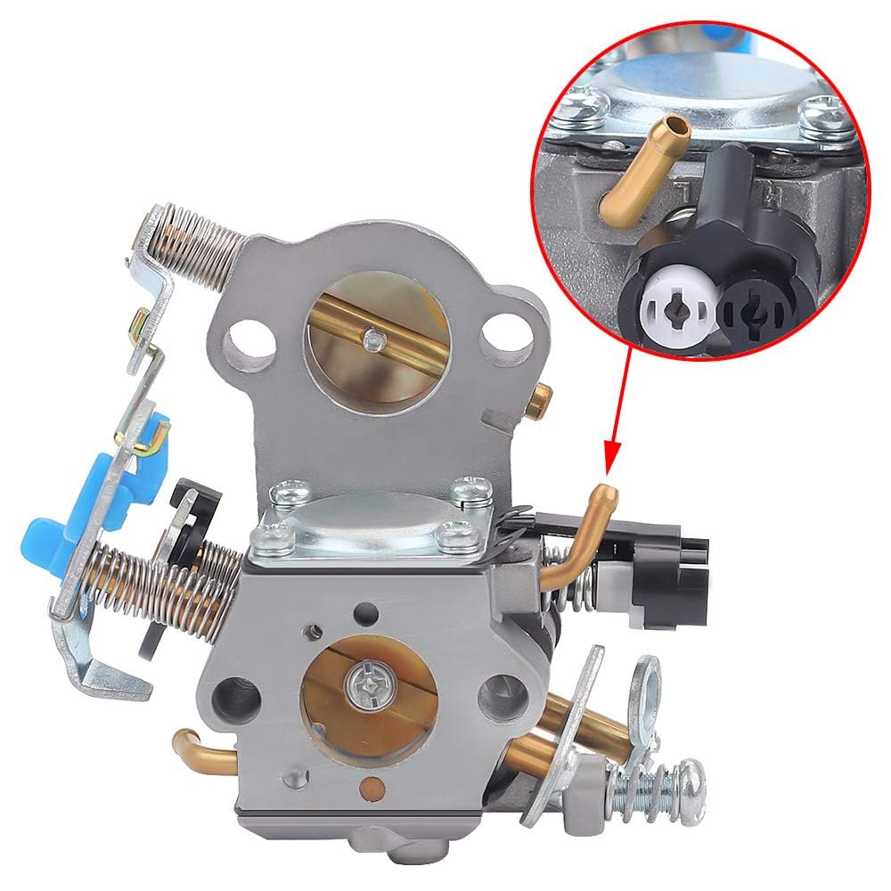 Close-up of Harbot carburetor showing precise fit for Husqvarna 455 Rancher