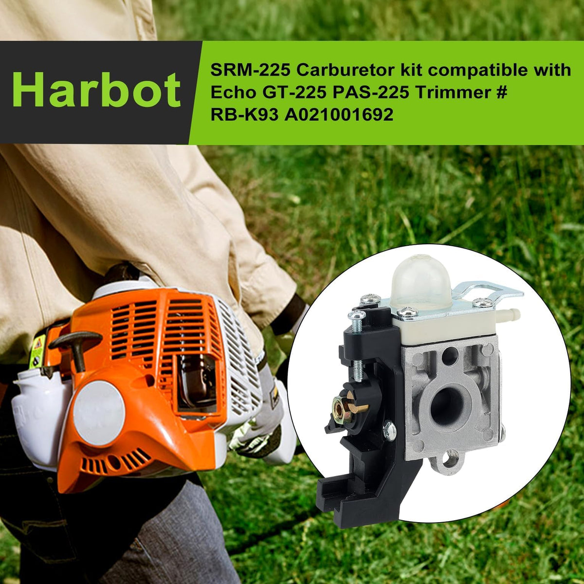Harbot SRM 225 carburetor installed on Echo trimmer demonstrating compatibility.