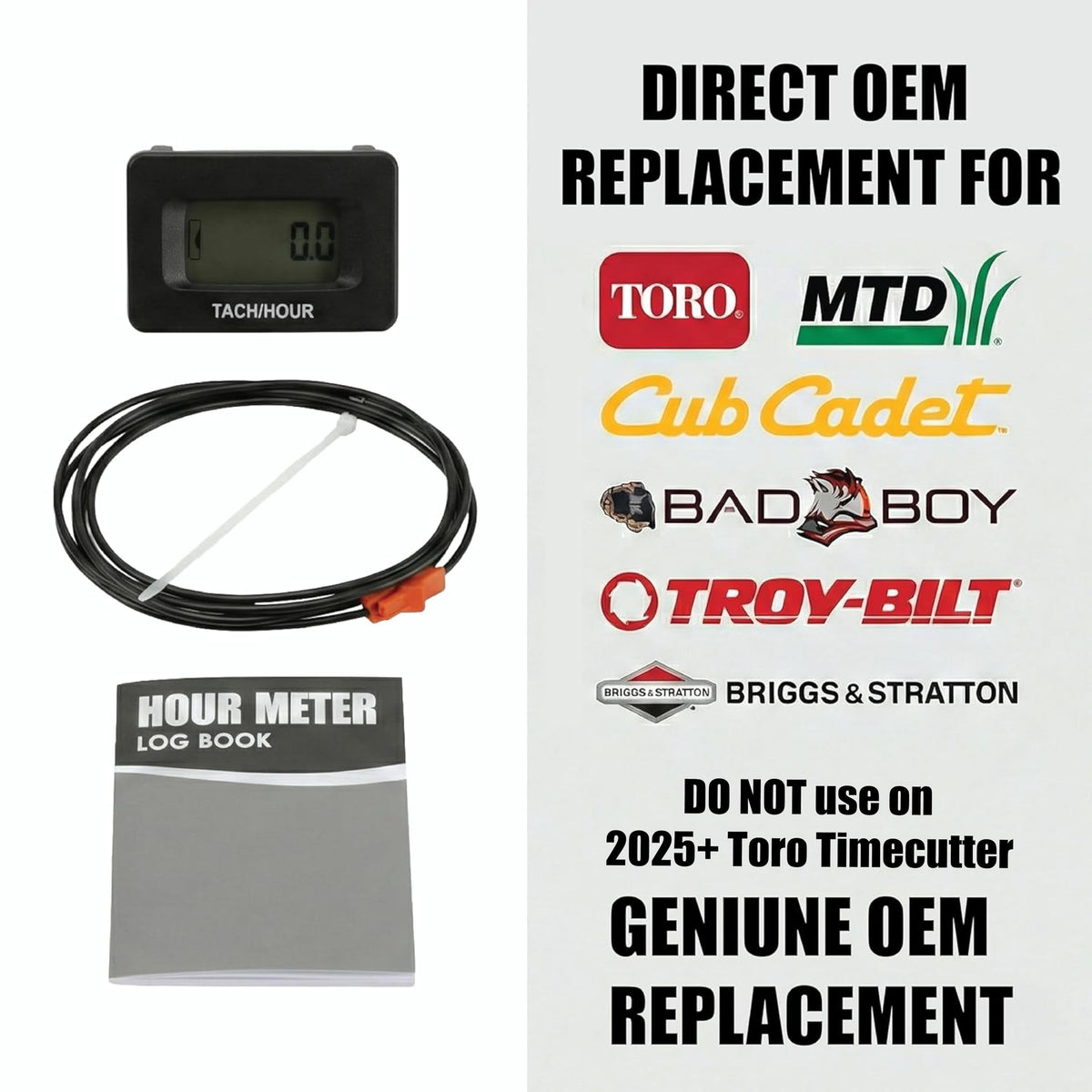 Hardline panel-mount hour meter installed behind dash for easy maintenance.