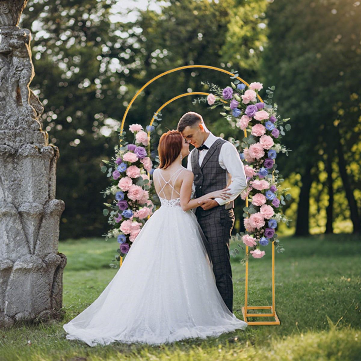 Harfirbe double arch stand with fairy lights and flowers creates a charming backdrop