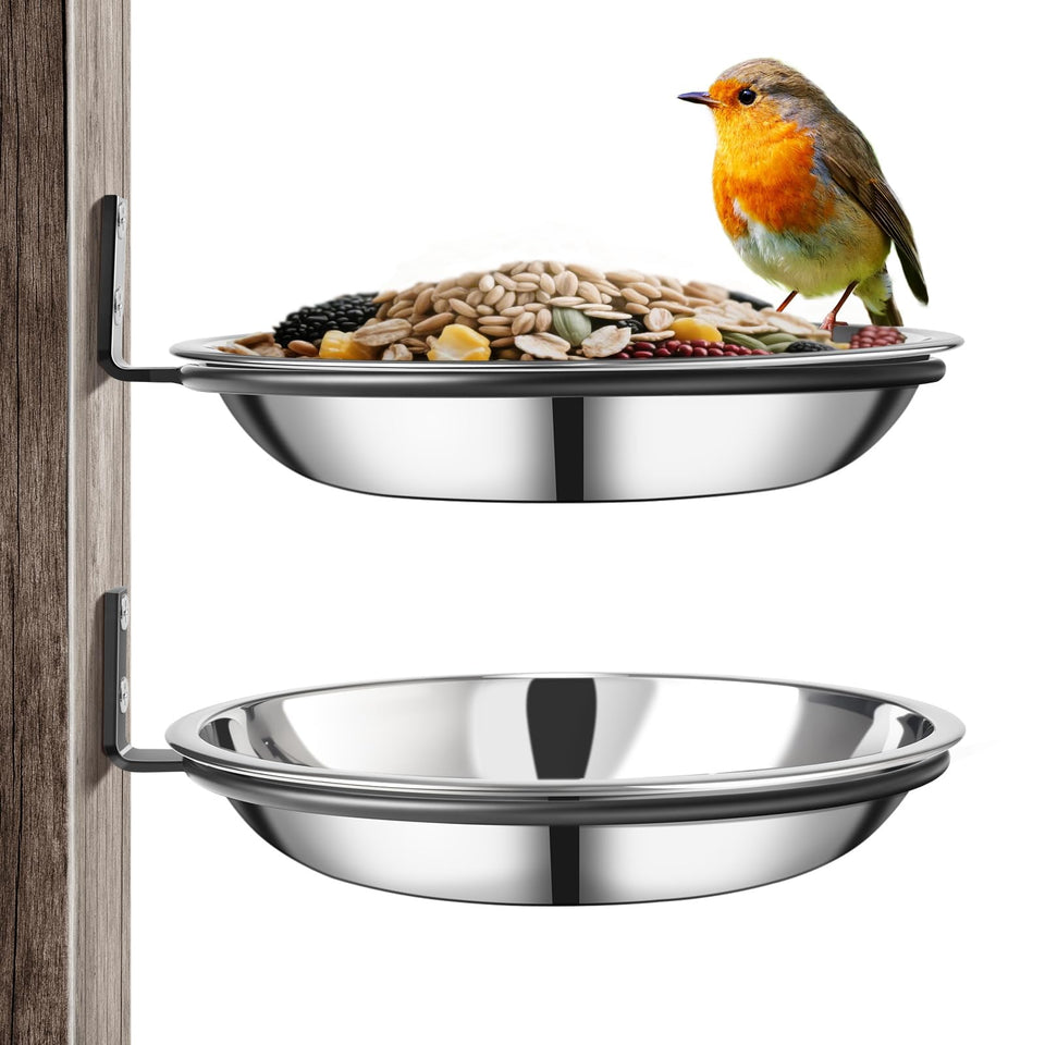 Harhana Crow Feeder Tree Mount close-up of rust-resistant stainless steel tray for all-weather use.
