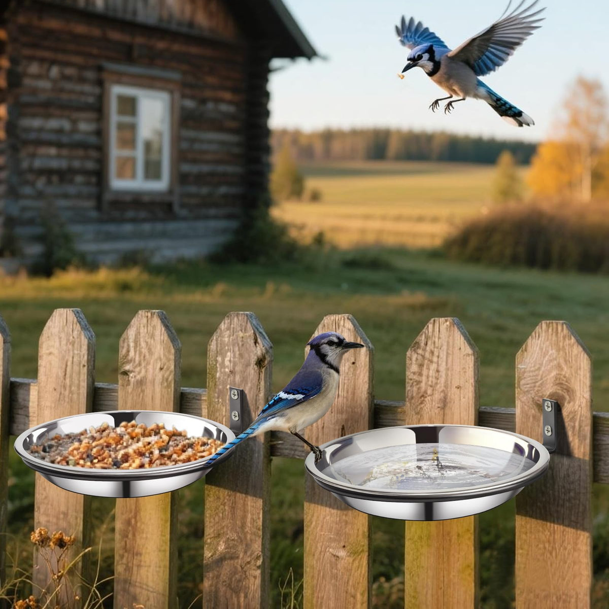 Harhana Crow Feeder Tree Mount outdoor scene with birds feeding on tray.