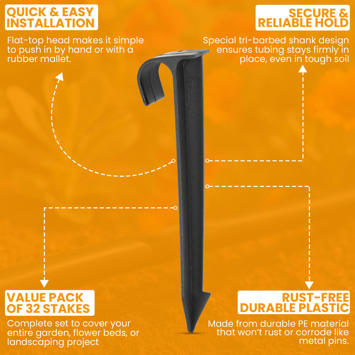 Harrier Hardware tri-angled barbed shank stake grips soil for drip irrigation