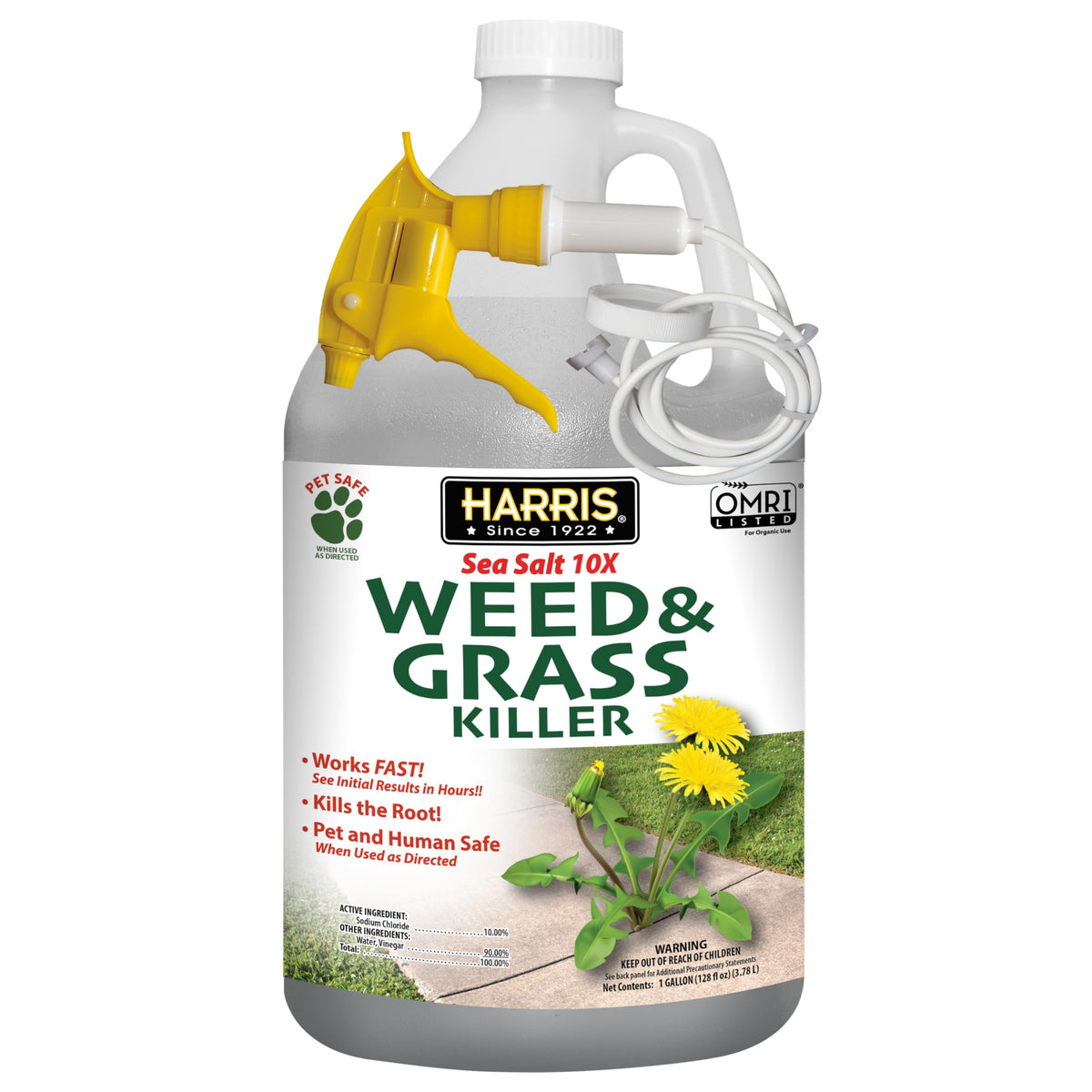 HARRIS 10X Sea Salt Weed Killer bottle for fast lawn weed control.