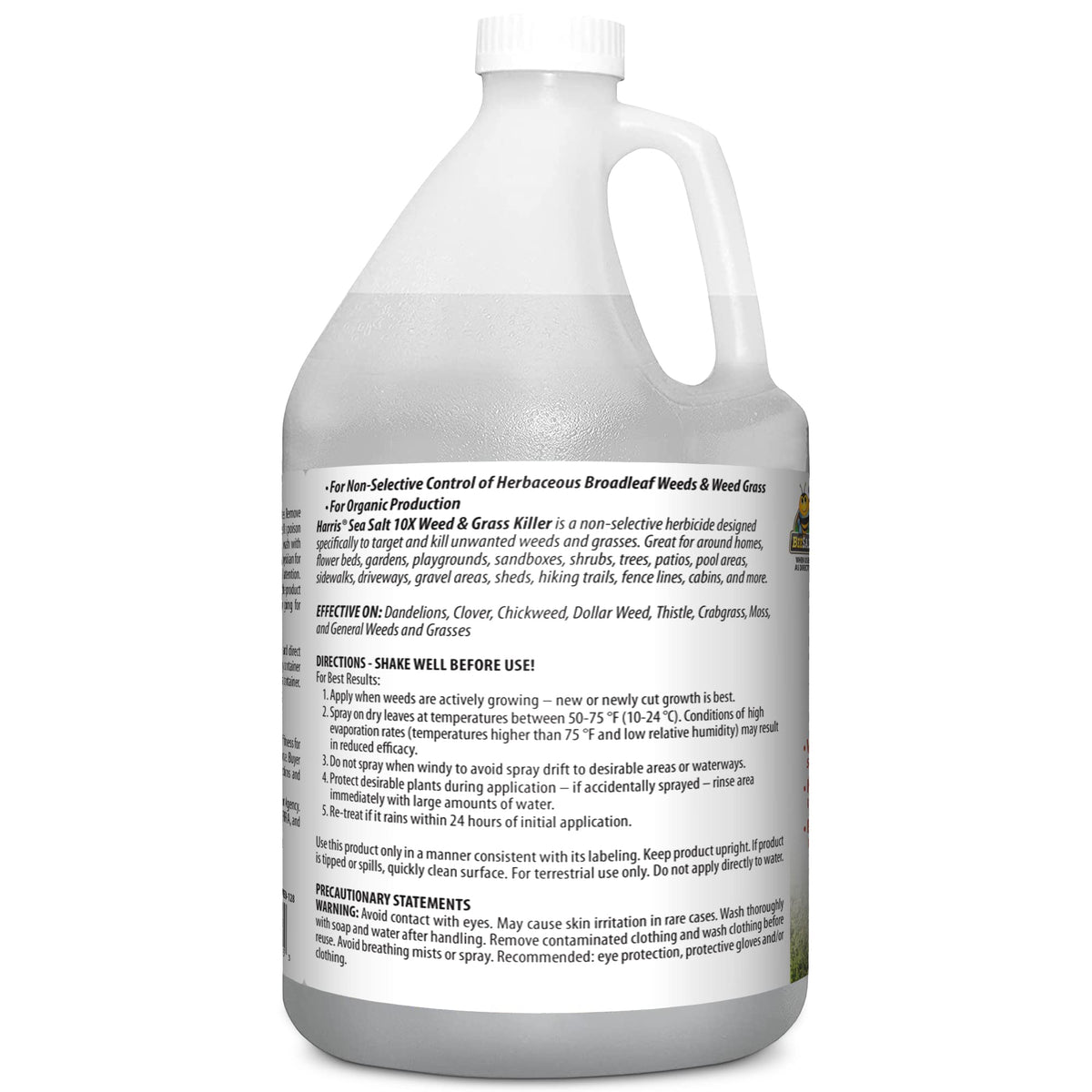 HARRIS 10X Sea Salt Weed Killer used outdoors in a sunlit garden bed.