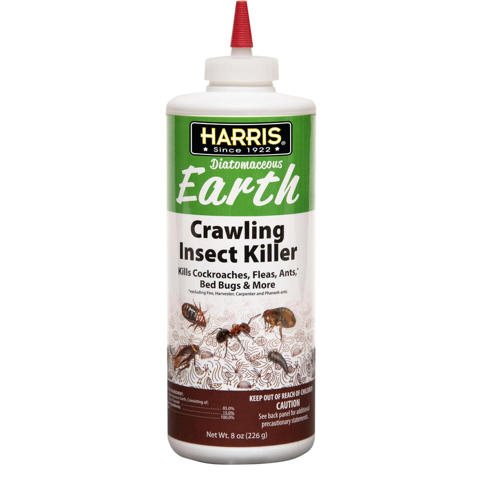 Harris 8 oz diatomaceous earth powder for safe crawling insect control.