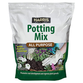 Harris All-Purpose Potting Soil with worm castings close-up for vibrant container gardening.