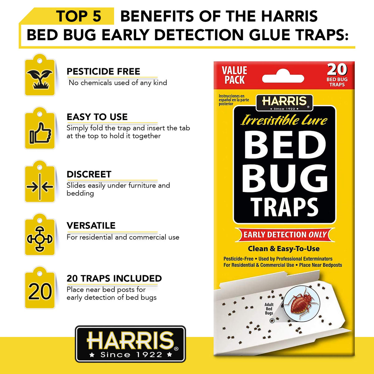 HARRIS Bed Bug Traps slid under furniture for discreet monitoring.