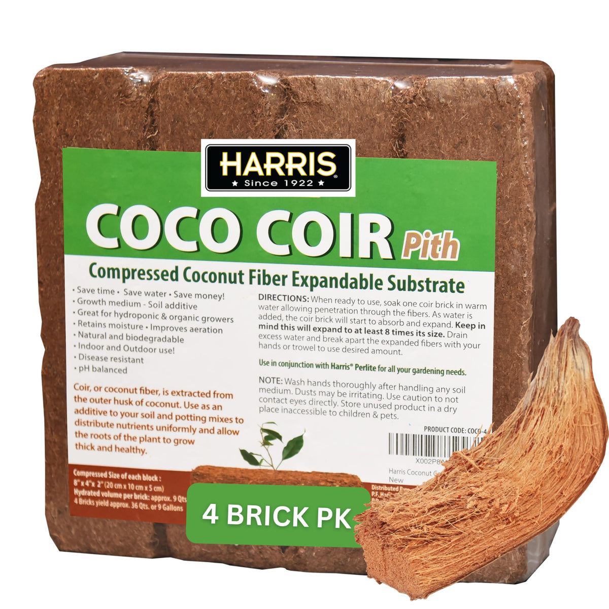 Harris Coco Coir Pith 4-bricks expanded to 9 gallons for versatile planting.