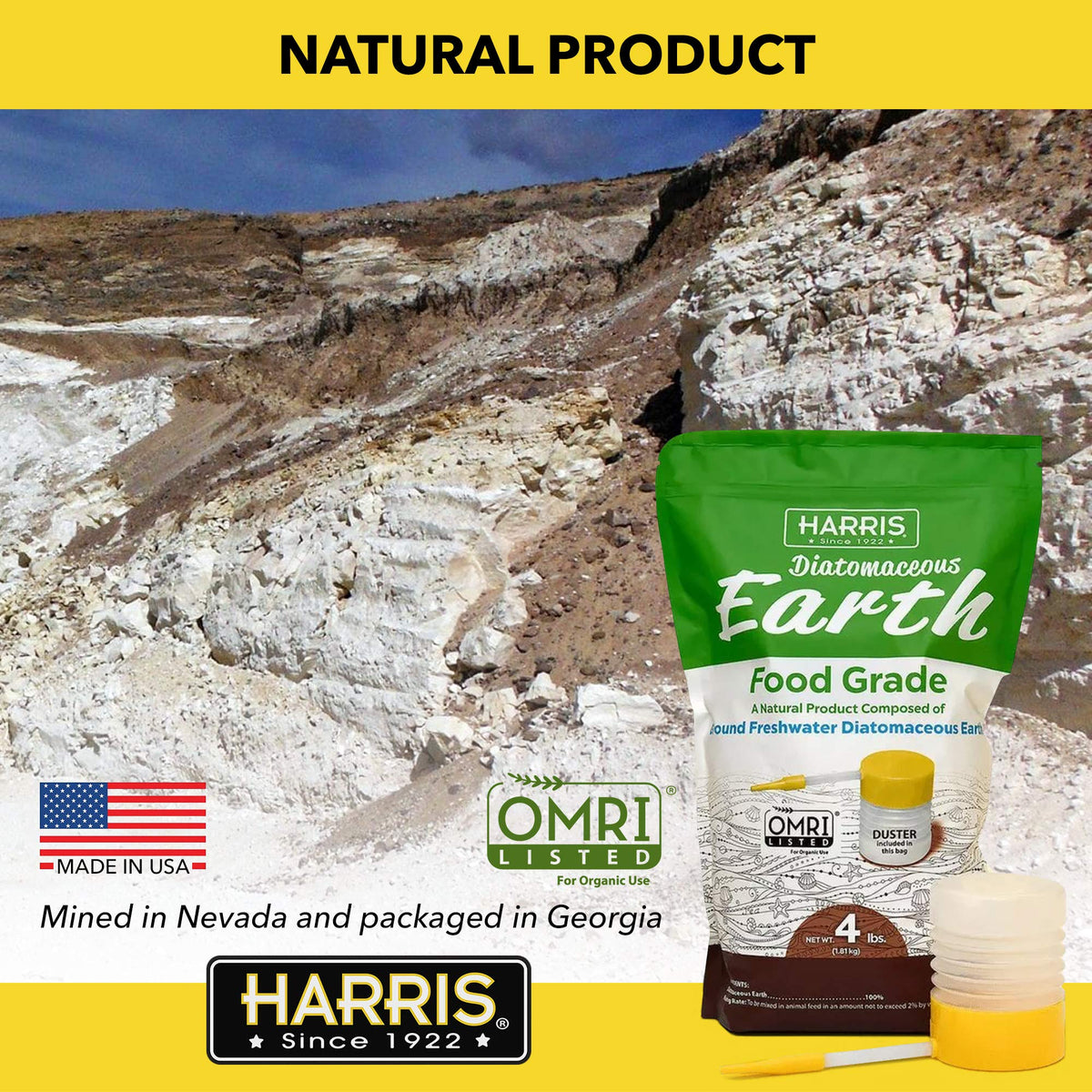 HARRIS DE powder duster included for easy feed application.