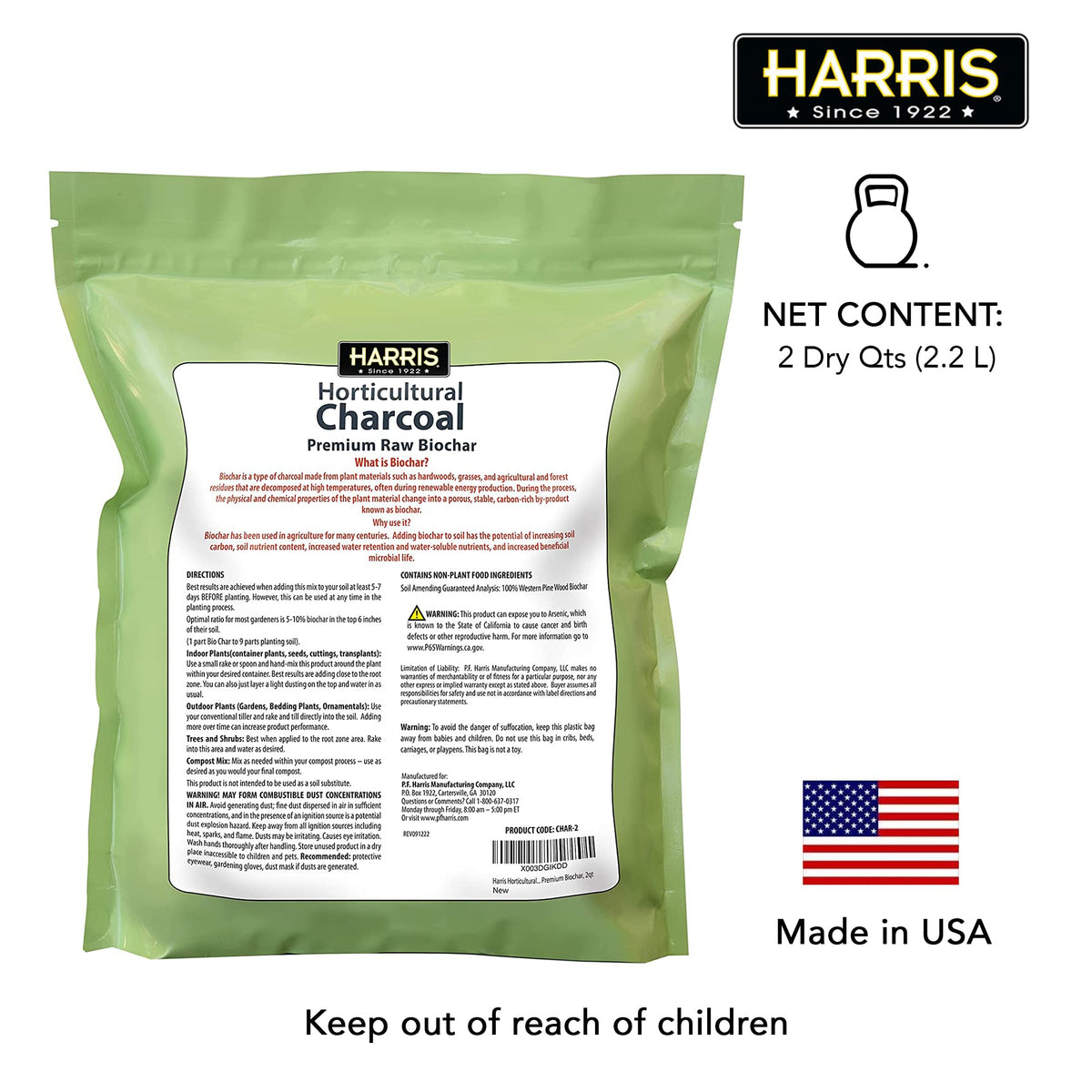 HARRIS Horticultural Charcoal 2qt packaging ready for immediate use.