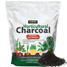 HARRIS Horticultural Charcoal biochar particles enhance soil structure and moisture retention.