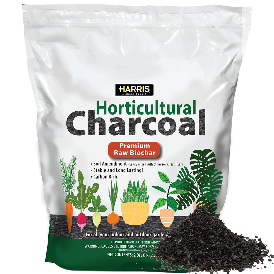 HARRIS Horticultural Charcoal biochar particles enhance soil structure and moisture retention.